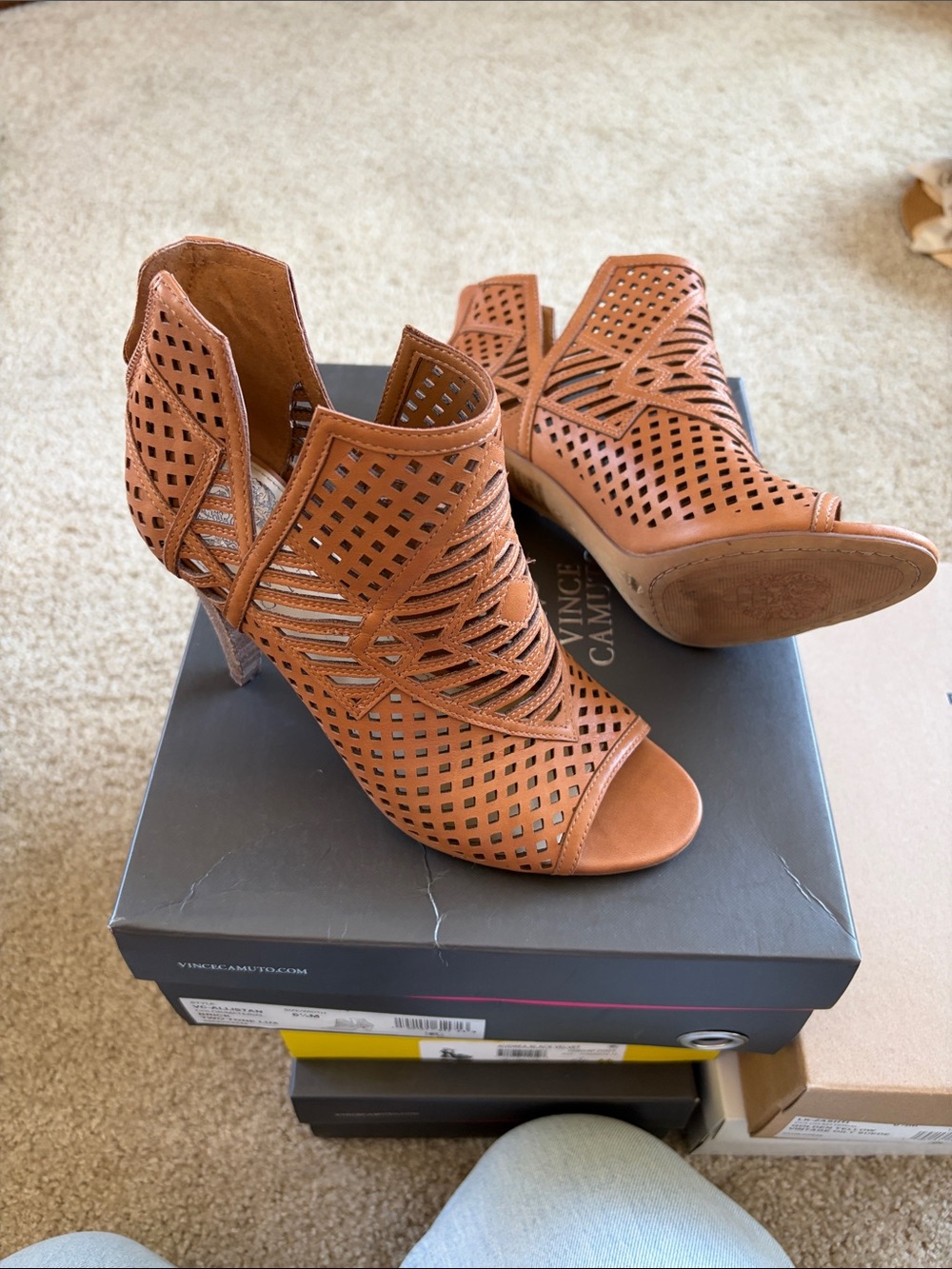 Vince Camuto Cognac Laser-Cut Peep-Toe Ankle Heel